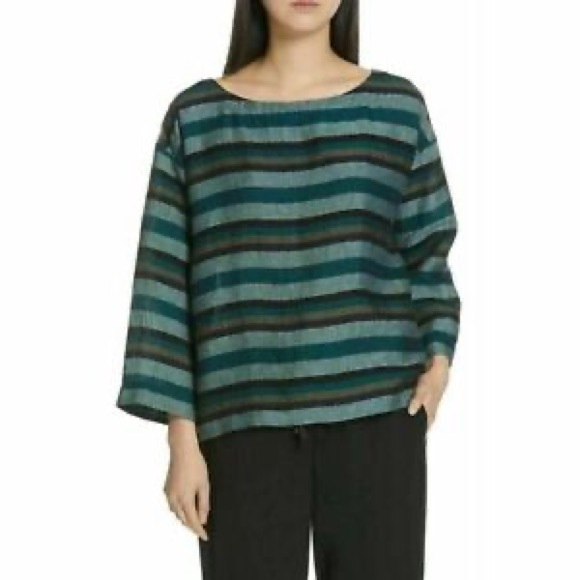 Eileen Fisher Tops - Chic Teal Striped Organic Linen Top